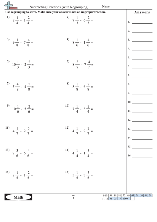 Subtracting Fractions With Regrouping Worksheet With Answer Key Subtracting Fractions With Regrouping Worksheet With Answer Key