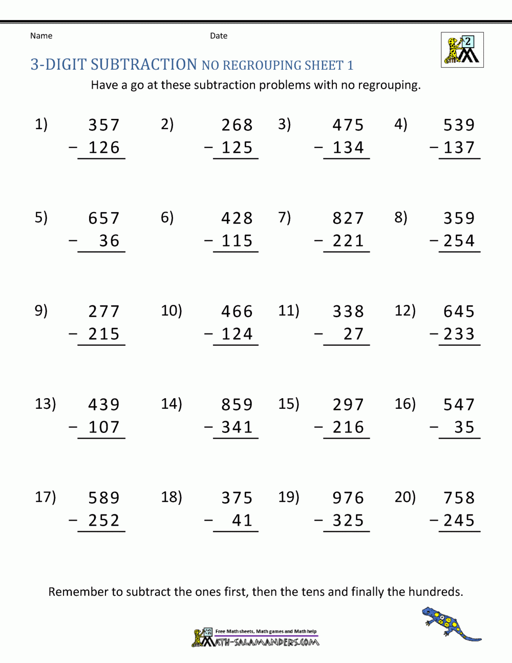 Free Printable 3 Digit Subtraction Worksheets Without Regrouping Free Printable 3 Digit Subtraction Worksheets Without Regrouping